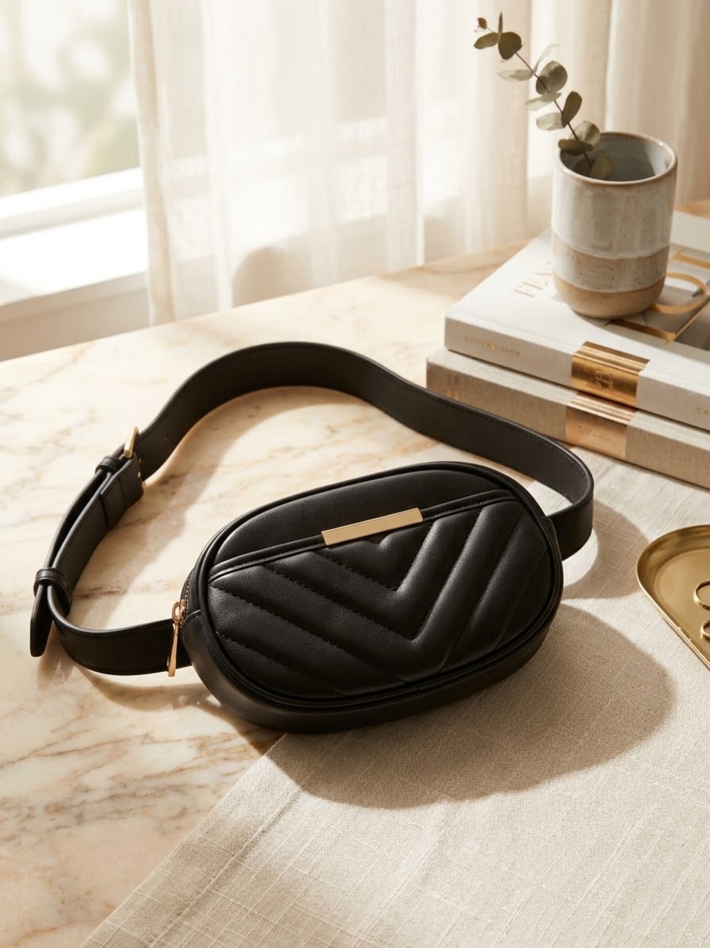 Target Black Quilted Crossbody Belt Bag with Gold Accent